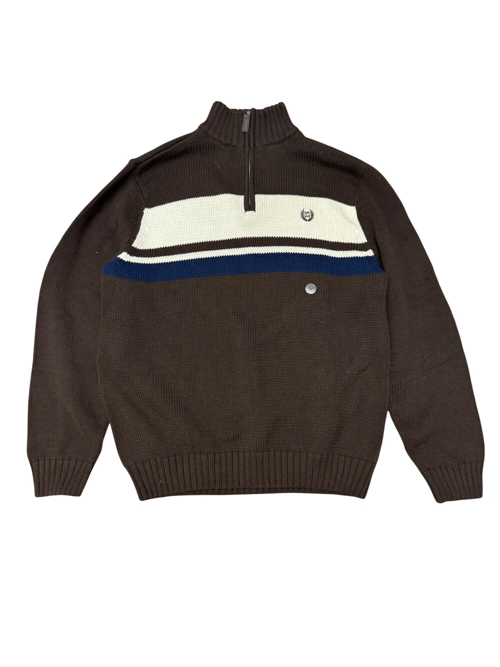 Chaps Sweater NWT Medium Brown Striped Cotton 1/4 Zip Mock Neck Knit Pullover